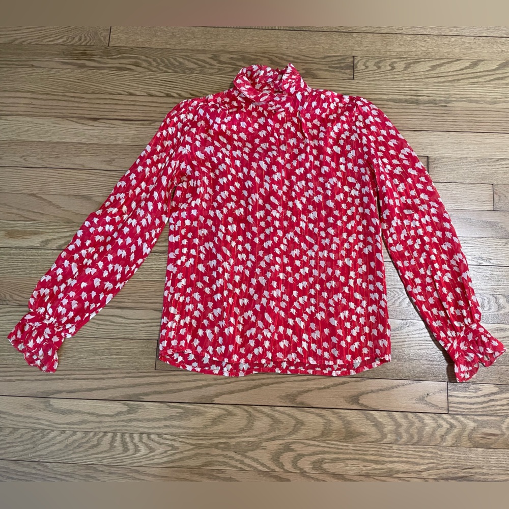 Vintage 100% Silk Red Sutton for Bloomingdales Blouse Ruffle Button Down Shirt